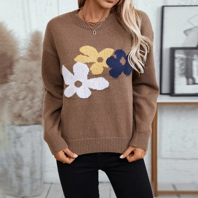 

Round Neck Flower Knitted Sweater Women Autumn/winter New Loose Comfortable Pullover Knitted Sweaters Fashionable Trendy Tops