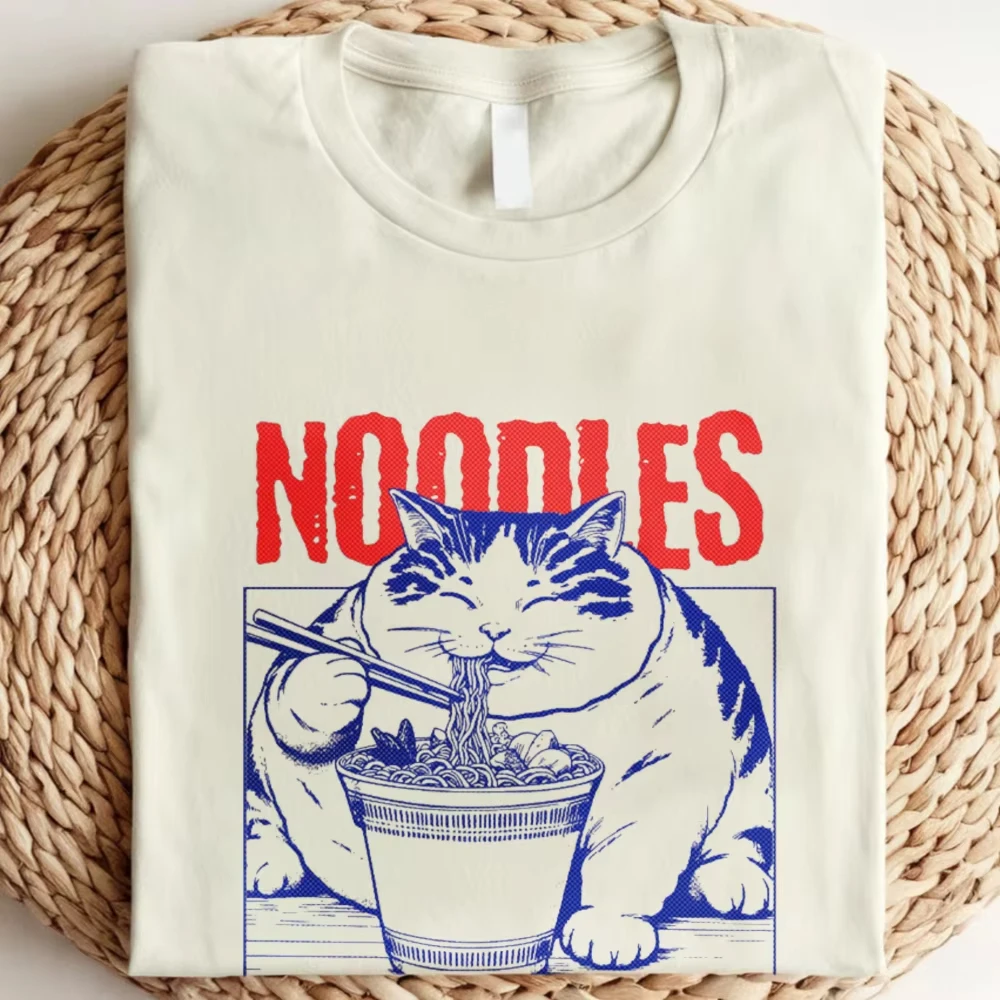 Noodles For Life Graphic Tee Funny Cat Eating Asian Food Humor Men Women T-Shirt Summer Casual Cotton Shirts
