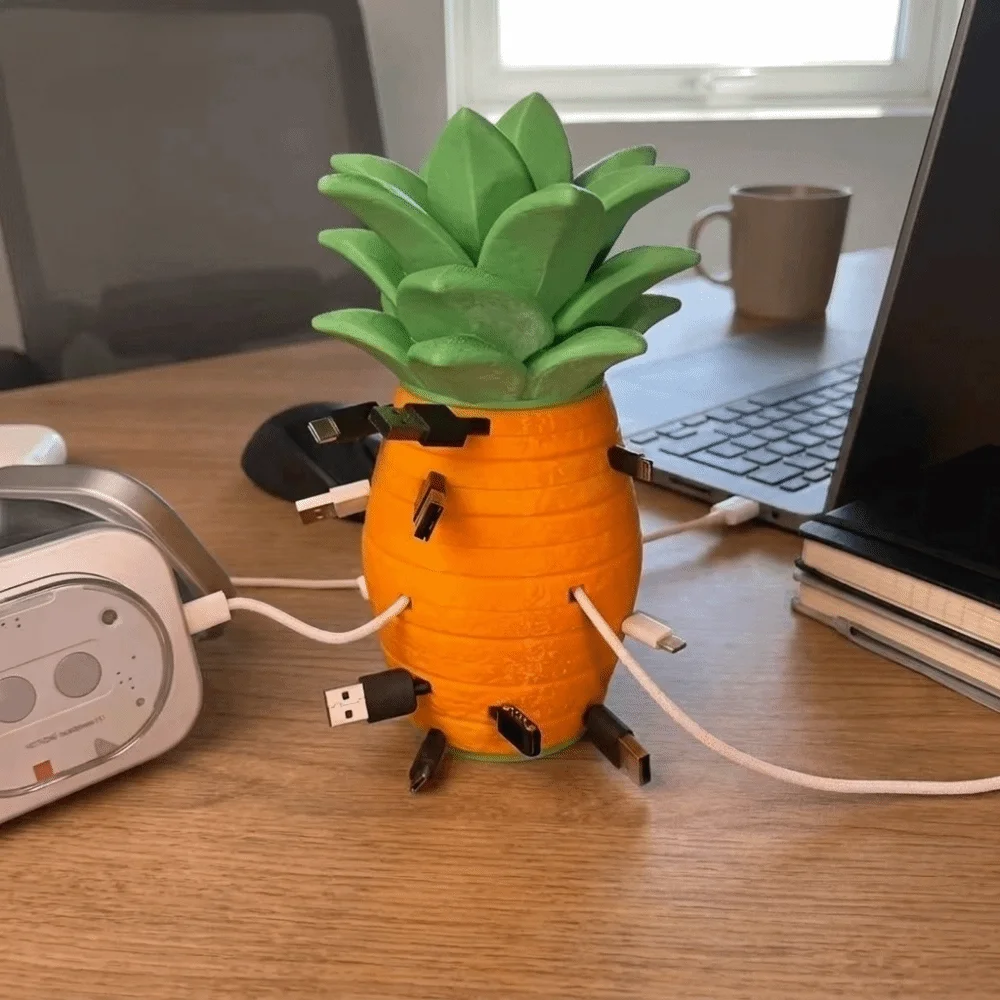 3D Printed Pineapple Cable Holder Pineapple Shape Decorative Case Cable Organizer Creative Modular Design Desk Cord Holder
