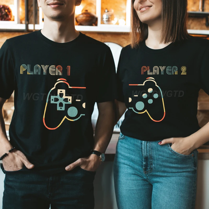 Vintage Player 1 and Player 2 Print Couple T-Shirts Matching Outfits Fashion Short Sleeve Women Men Tees Fun Lover Gift Tops