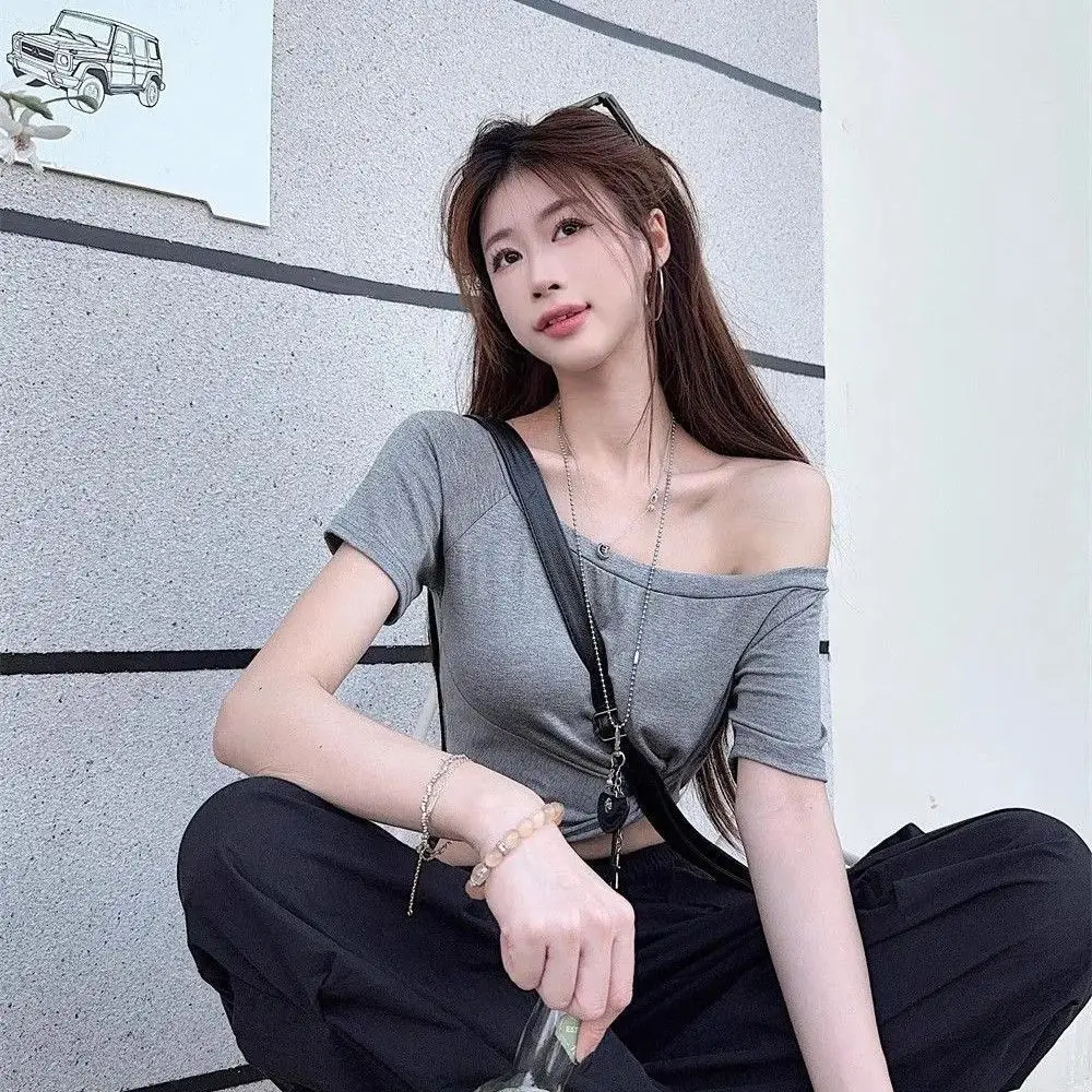 Korean Style Fashionable Knot Twist Shoulder Short Sleeve T-Shirt Slim Fit Design Short Length Top for Women Skin Friendly Br...
