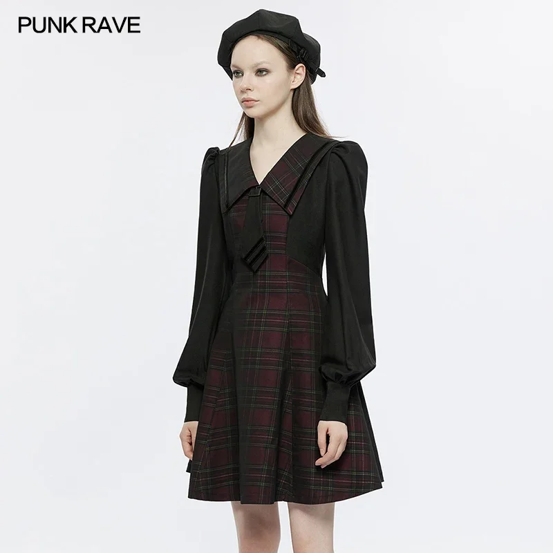 PUNK RAVE Women's Lantern Sleeve Collect Waist A-line Navy Collar Lapel Dress Ollege Style Girl Plaid Mini Dresses for Women