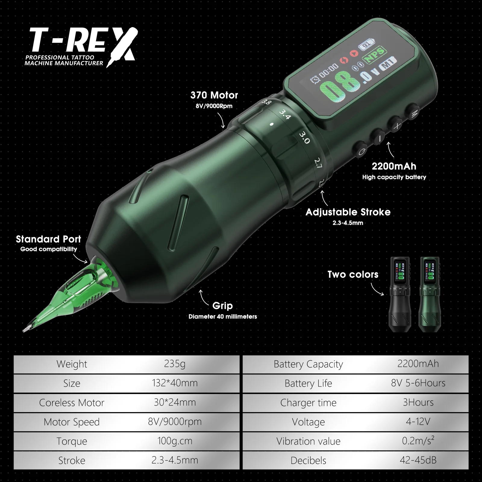 T-Rex New Cool Wireless Tattoo Machine  Adjustable Stroke 2.3-4.5mm Coreless Motor 2200mAh For Permanent Makeup Tattoo Artists
