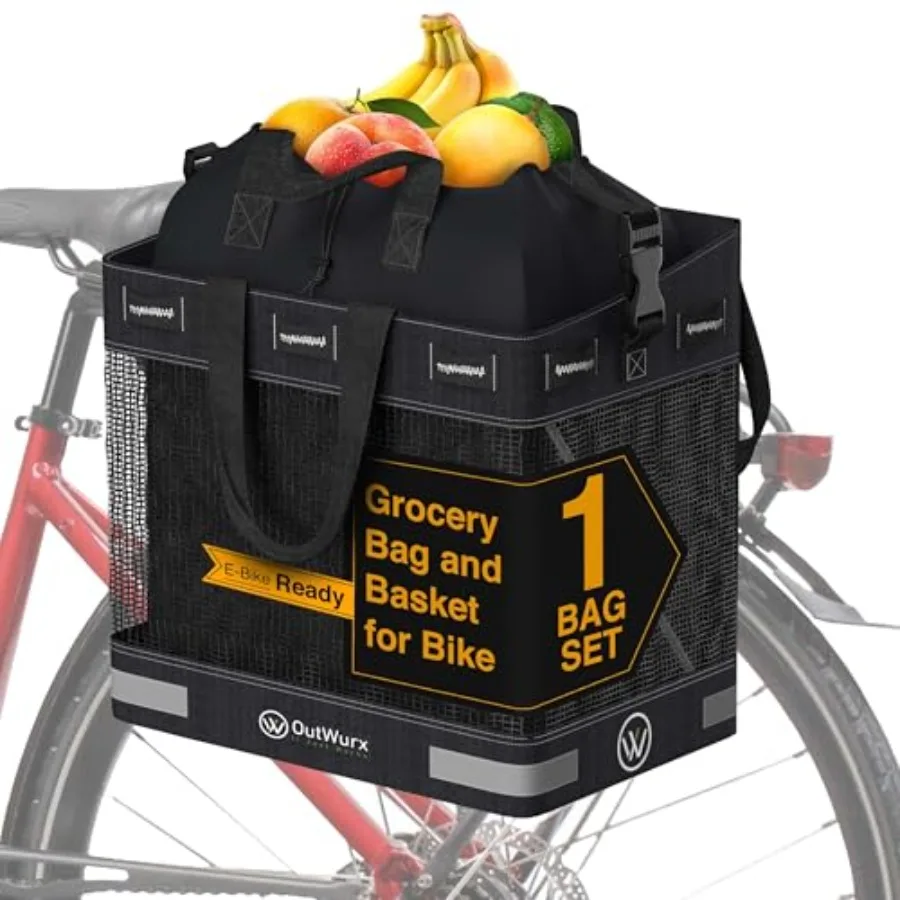 

Grocery Panniers for Bicycles and Ebikes - Water Resistant Rear Rack Bags with Detachable Inner Grocery Bag and Folding Basket