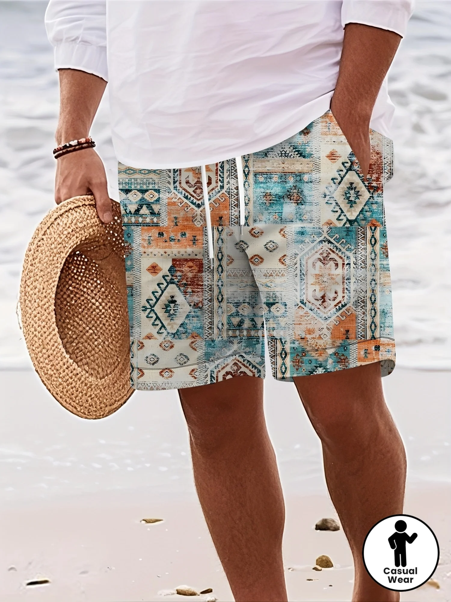 Mens Vintage Ethnic Geometric Patchwork Print Quick Dry Board Shorts Elastic Drawstring Swim Trunks Summer Beach Casual Outfit