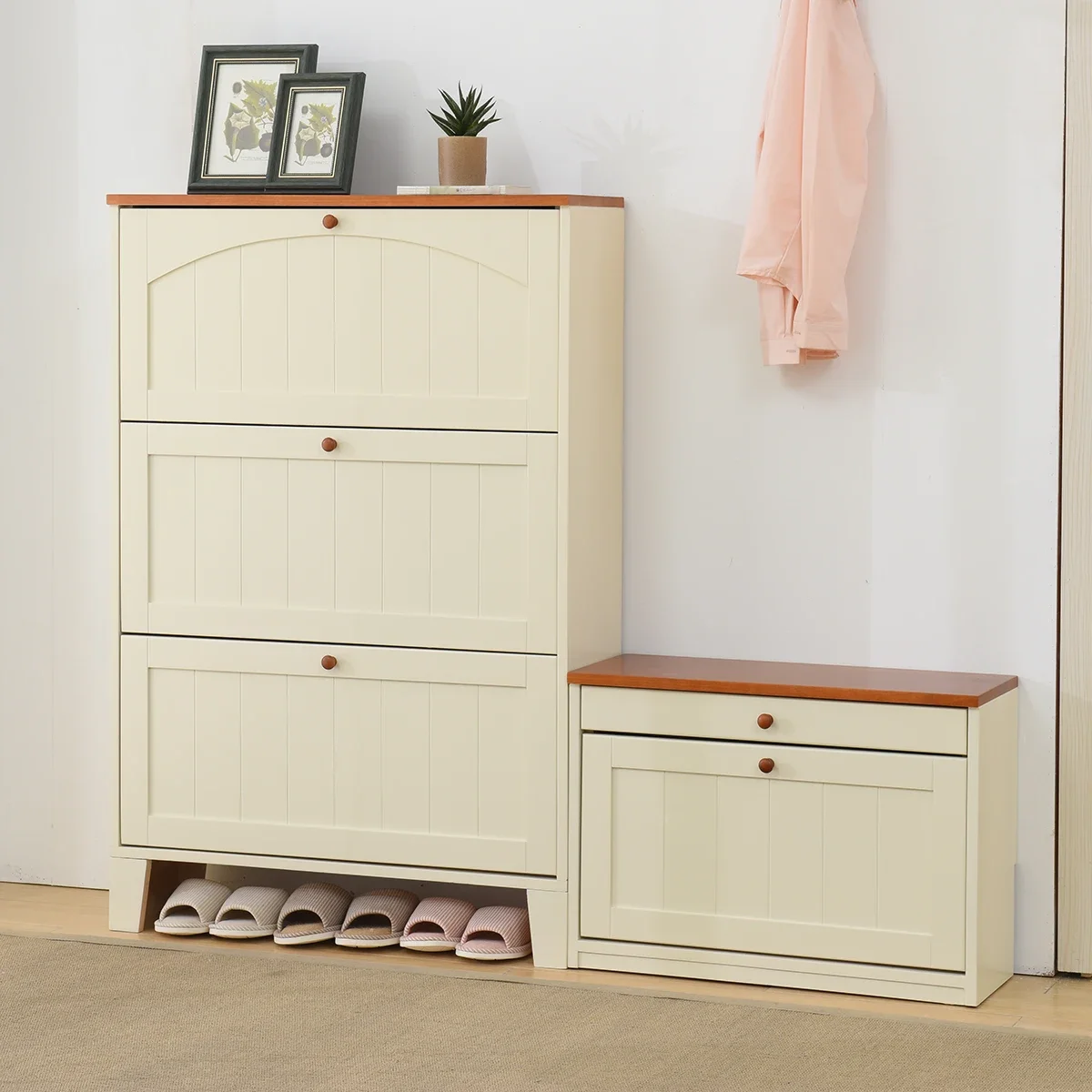 

Nordic American Mediterranean flip bucket solid wood shoe cabinet minimalist modern entrance, porch, and hall cabinet