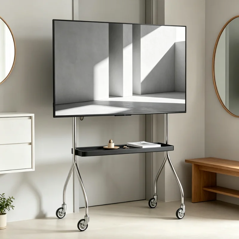 Mobile TV Rack 55 Inch Fits 32-75 Inch Screens With Convenient Wooden Shelf Silent Mobility Simple Modern Structure Elegant Feel
