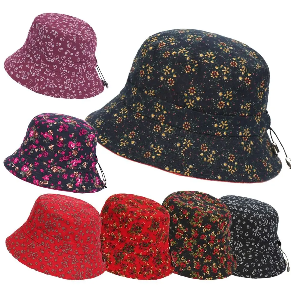 Fashion Cotton Material Women Bucket Hat Foldable Floral Print Fisherman Hat Adjustable Sun Protection Beach Cap Summer
