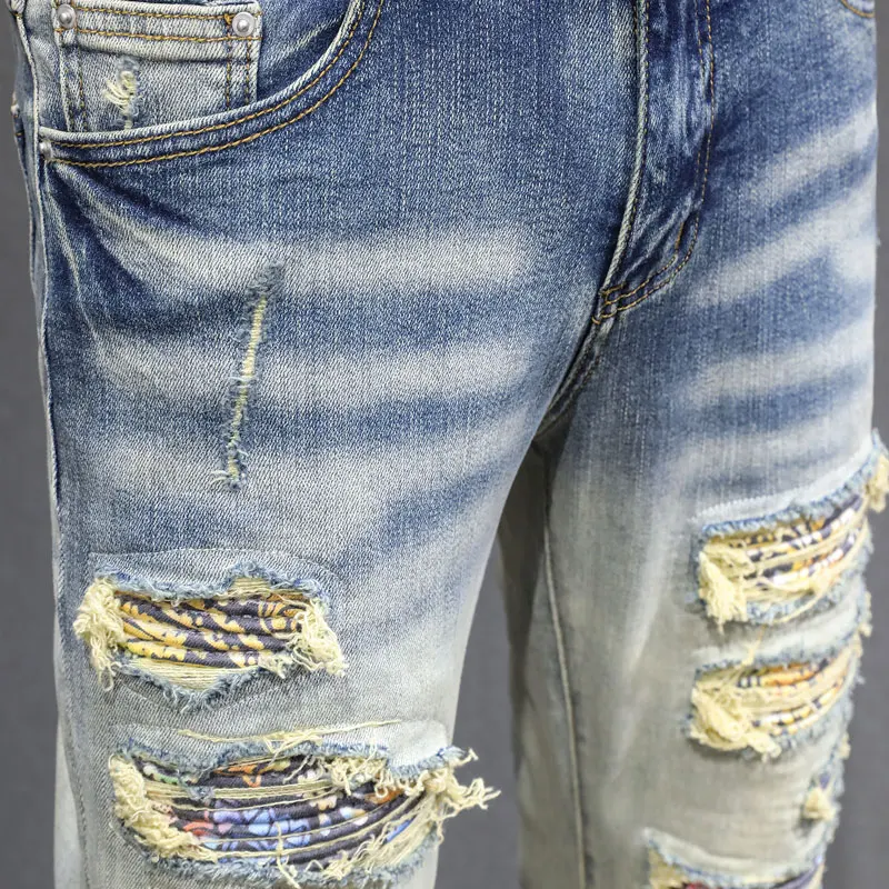 

designer fashion new men's jeans patch damaged washed nostalgic elastic slim fit ancient light blue jeans high street hip-ho