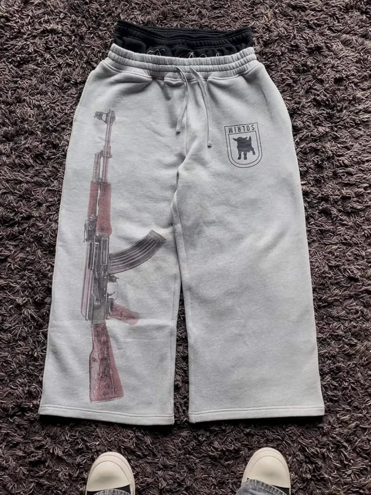 American Retro Double Waist Printed Street Sle Sweatpants Casual Straight Leg Long Pants Youth Daily Wear High Elastici