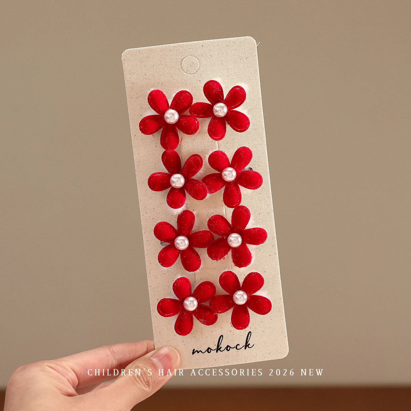 2026 Neu 8-teiliges Set Niedliche Rote Samt-Blumen Haarspangen Mini Kristall-Perlen Schonende Haarklammern für Babymädchen Neujahrs-Party-Geschenk – Detail 3