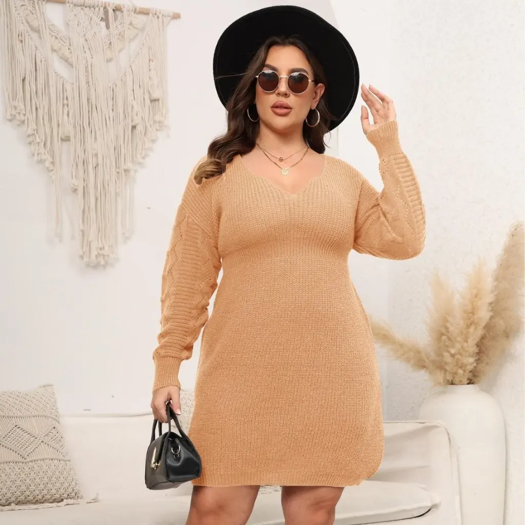 

Women's plus Size V-neck Sweater Dress European American Style Tight Waist Autumn Winter Fashion F635