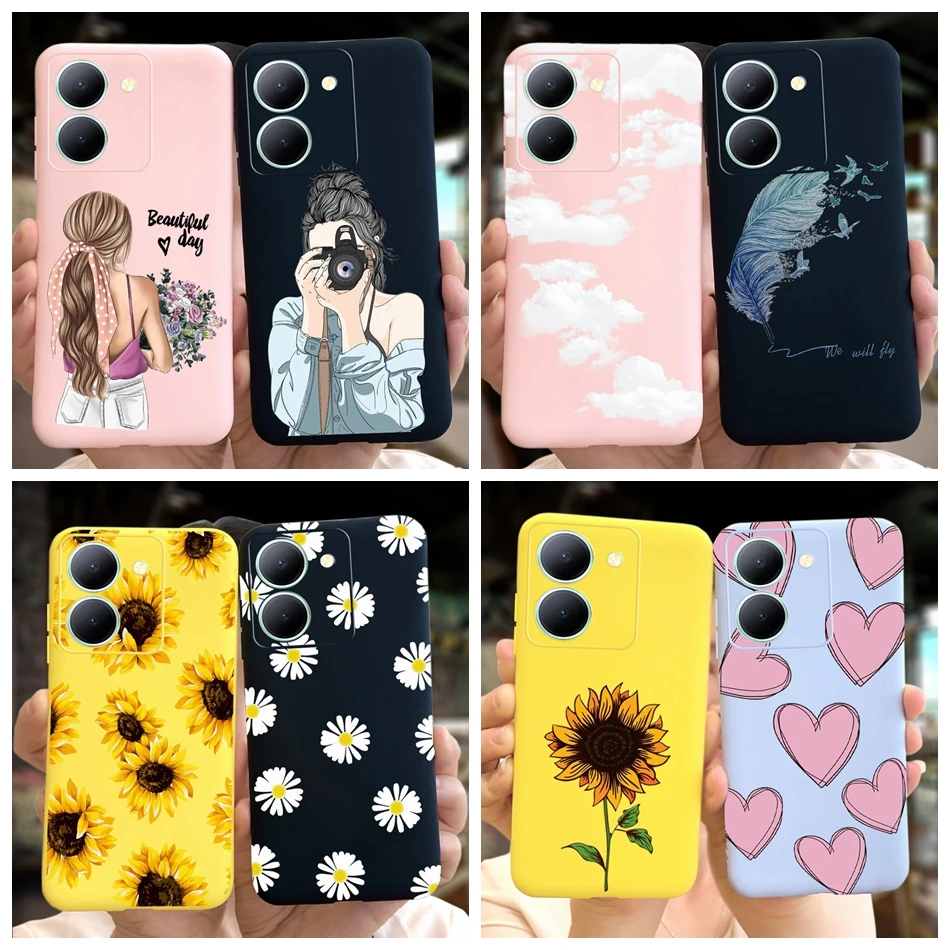 Case For Vivo Y36 2023 Beautiful Girl Sunflower Pattern Candy Color Soft Silicon Phone Cases For VIvoY36 Y 36 4G 5G V2247 V2248