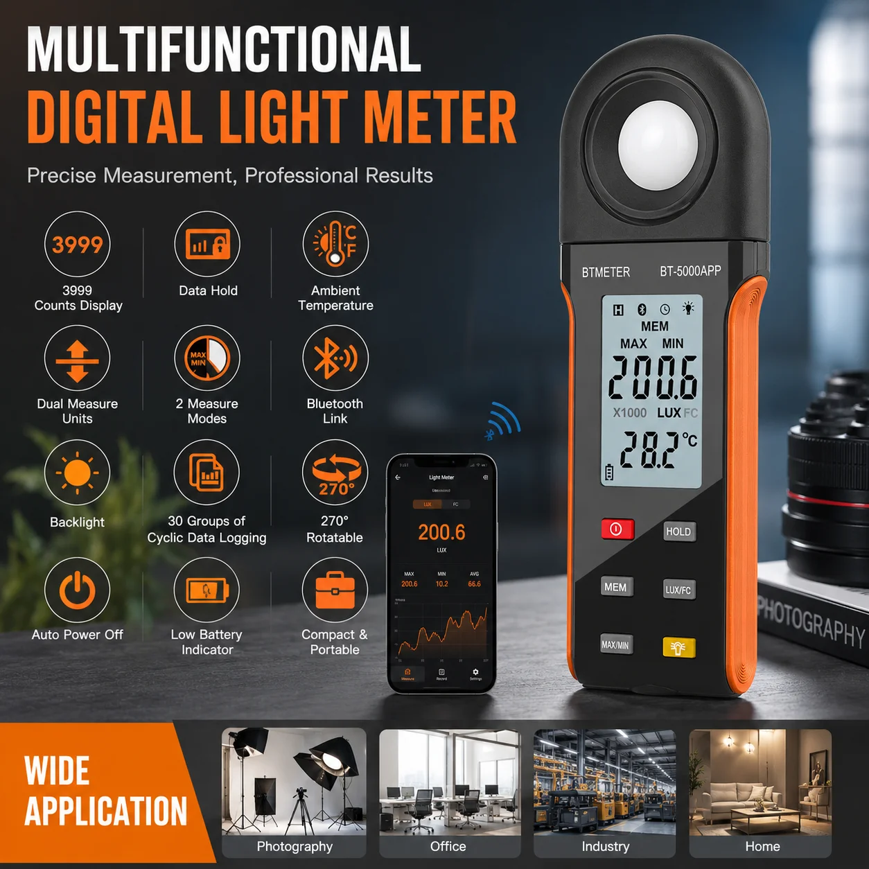 Medidor de Luz Digital de 400000 Lux con Sensor Independiente, Registro de Datos por Bluetooth y Aplicación para Hogar, Oficina, Escuela y Laboratorio
