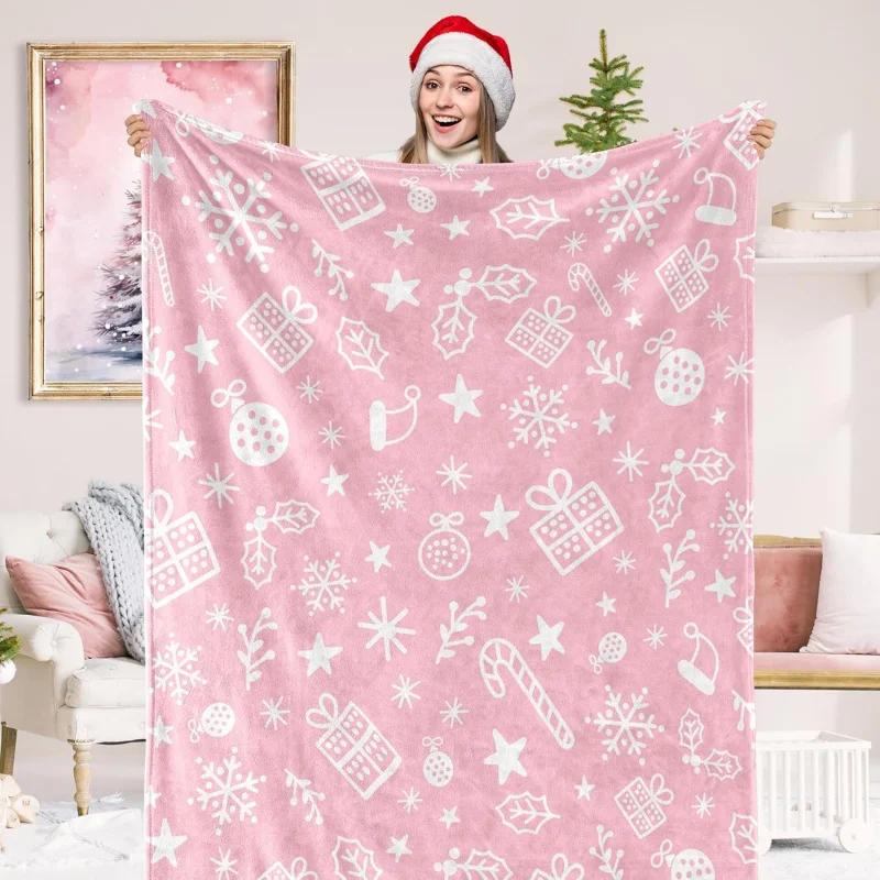 

Christmas flannel blanket 80INX60IN pink and white snowflake gift box throw blanket winter home cover blanket