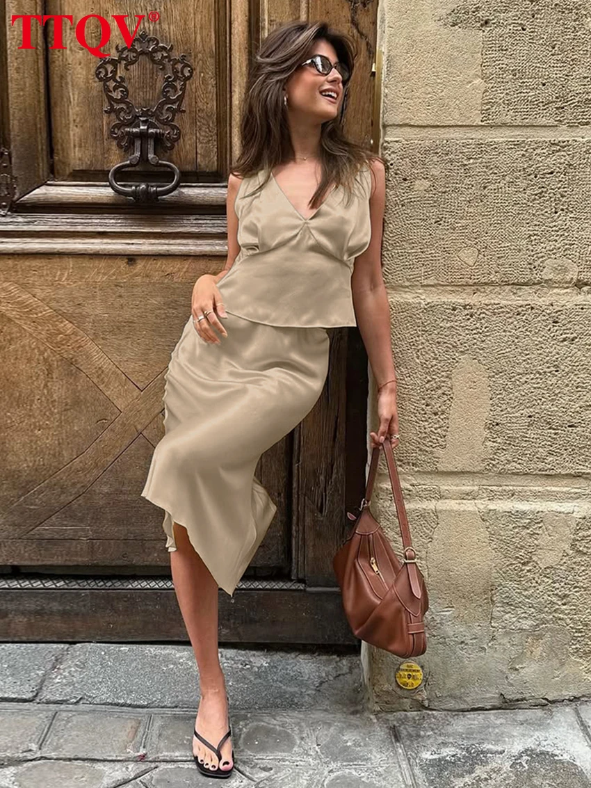 

TTQV Summer Loose Khaki Satin Skirt Set 2 Piece Woman Sexy Sleeveless Tank Top With High Waist Midi Skirt Set Female Clothing