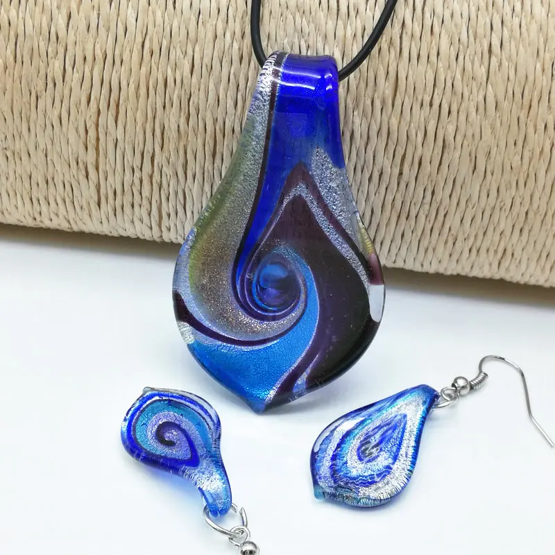 

1 Set Fashion Blue Glass Muran Floral Leaf Shape Lampwork Pendant Necklace Earrings For Women Cheap Items With Jewelry Set Gift