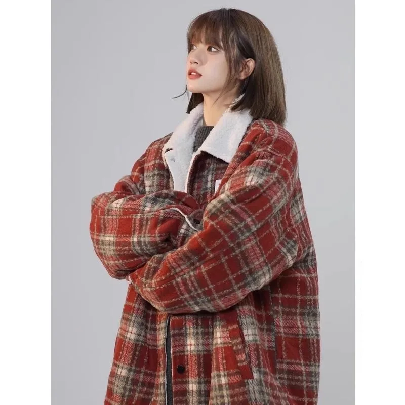 

Thiened Winter Coat Men's Women's Plaid Woolen Cotton Jaet American Sle Lamb Fur Outerwear Casual Loose Fit Polyester F...