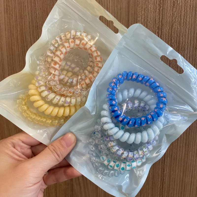 6pcs/set Women Telephone Wire hair bands girls Star Printing Spiral Cord hair tie elastic Scrunchies hair rope gum Accessories