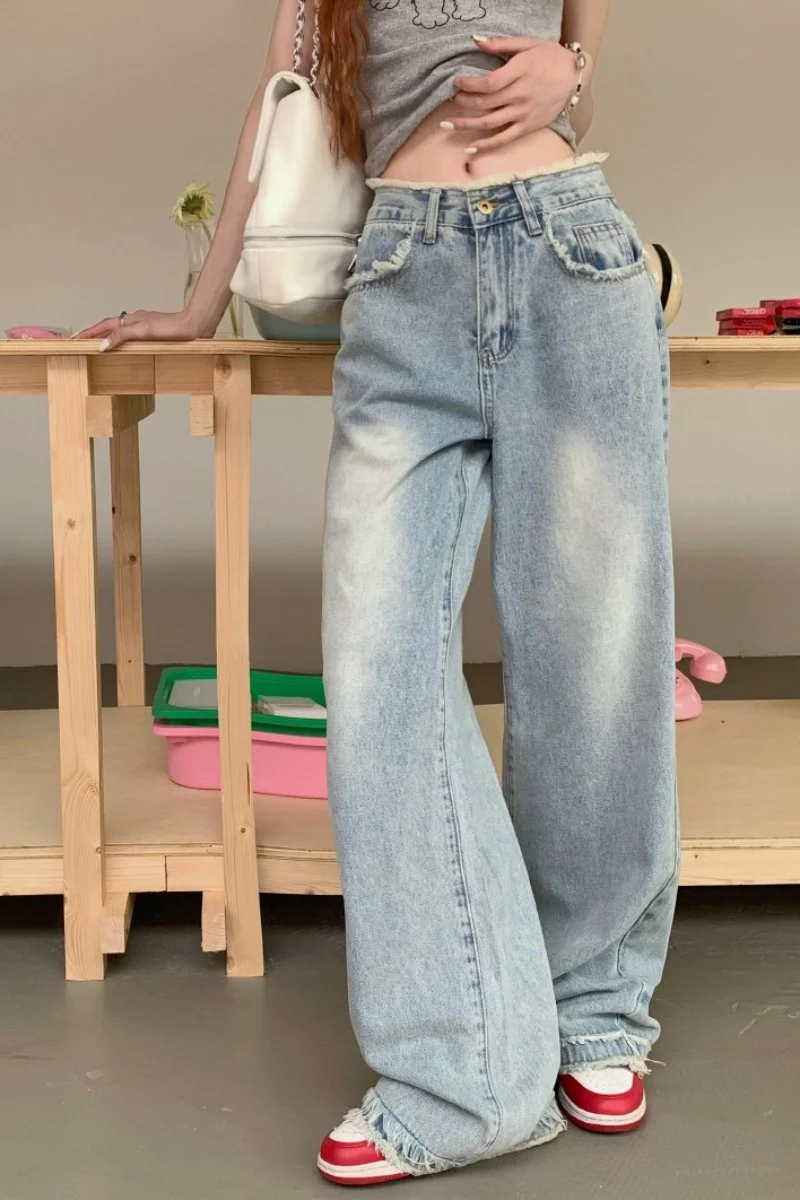 Washed Blue Ragged Edge Jeans For Women's Autumn 2023 New High Waist Floor Sweeping Wide Leg Pants Straight Leg Pants