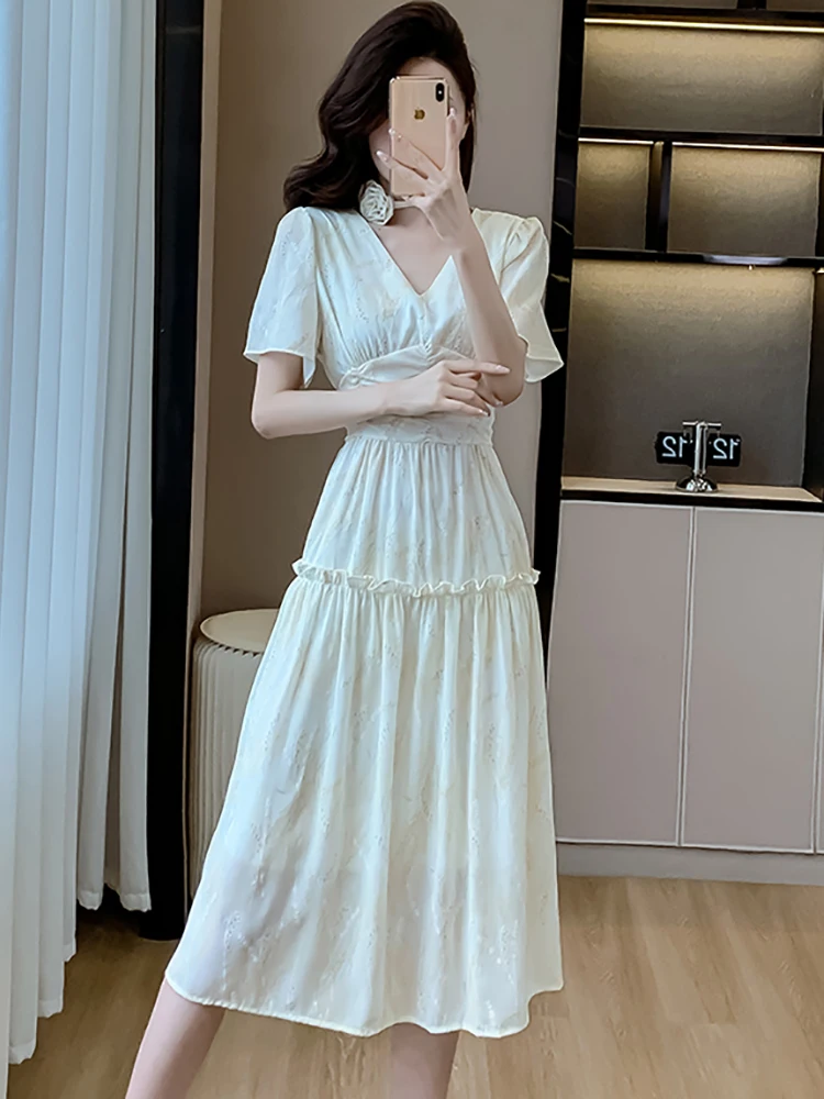 Summer White Jacquard Floral Short Sleeve V-Neck Midi Dress Women Elegant Ruffled Pleated Dress 2025 Korean Bodycon Party Dress