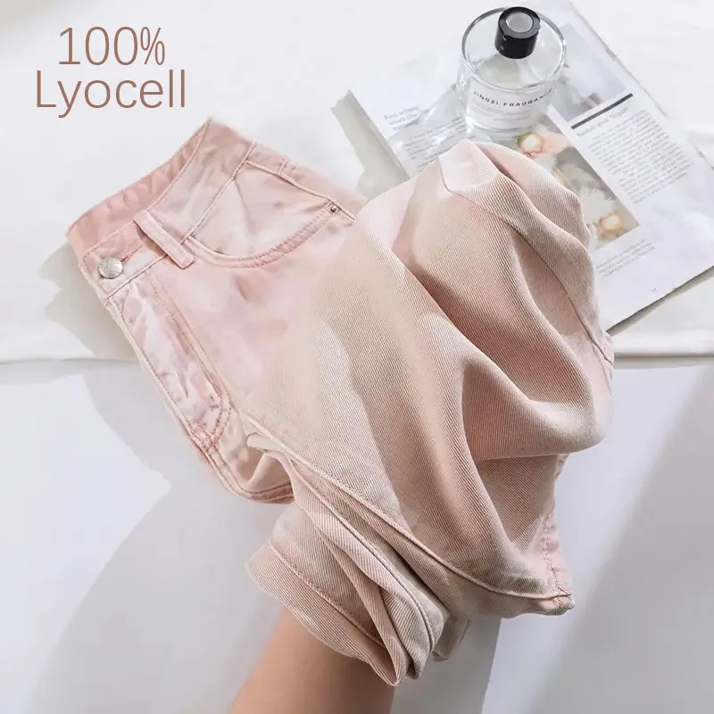 

Женские джинсы из 100% лиоцелла, дышащие джинсовые широкие брюки с драпировкой, свободные 2024, летние мешковатые женские джинсовые брюки из ледяного шелка, 5 цветов