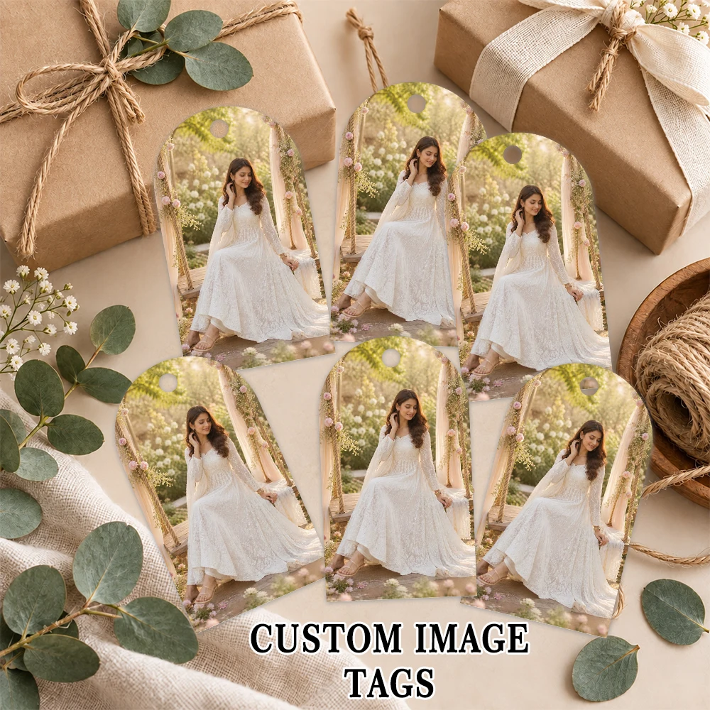 40pcs, Custom Image Tags, Personalized Arch Photo Gift Tags, Blank Back Labels with  Rope, Halloween Christmas Gift