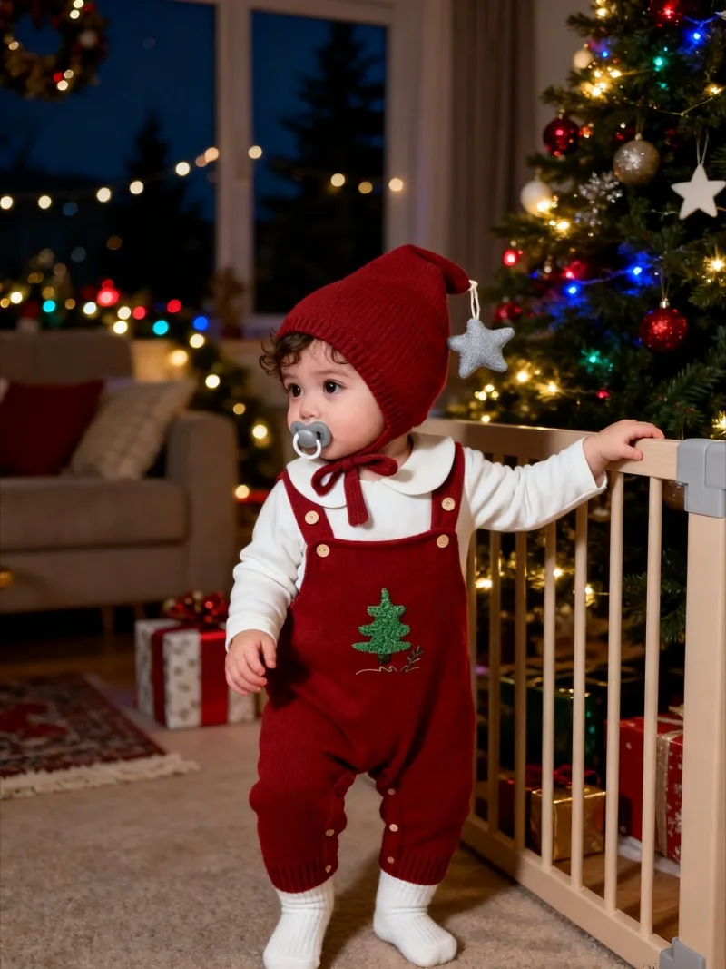 New Christmas Tree Strap Bodysuit Baby Fashion Double Button Wine Red Knitted Strap Jumpsuit for Girl and Boys Warm Wool Rompers