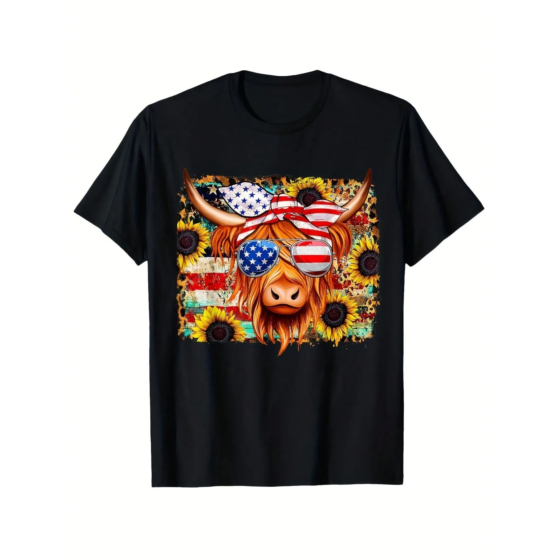 Men Women Plus Size 4th of July Patriotic T-Shirts Highland Cow American USA Flag Glasses Pattern Pure Cotton Soft Breathable Short Sleeve Tees Spring Summer Daily Holiday Celebration Casual Everyday Wear