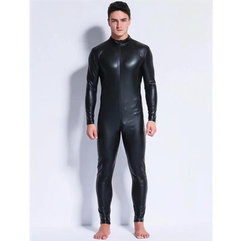 Men Sexy Wetlook Faux Leather Latex Catsuit Bodysuit Hot Erotic Lingerie zentai gay fetish Wear pvc costume Open Crotch Clubwear