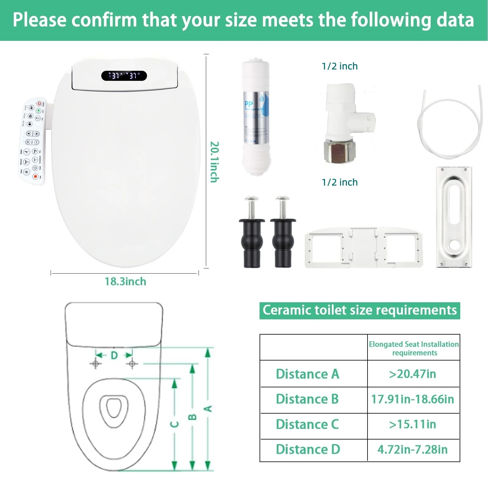 Slimme bidetstoel met verwarmde zitting, automatische sterilisatie en warmeluchtdroger. Intelligent toiletdeksel met reinigings- en temperatuurregeling