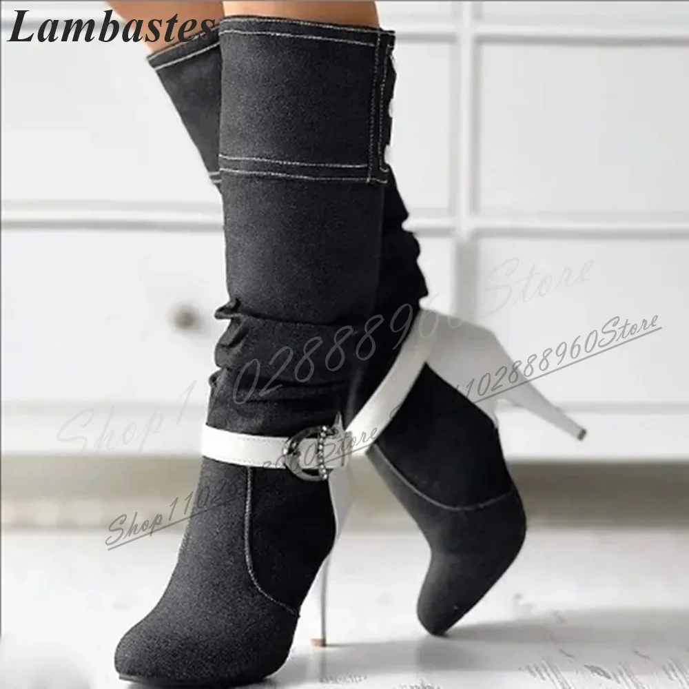 الركبة عالية مختلط الربط مشبك حزام زر الأحذية رقيقة عالية الكعب النساء أحذية الانزلاق على أشار تو 2024 موضة Zapatillas Mujer