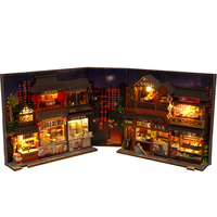 DIY Book Nook Wooden Miniature Model Kit Chinese Food Street Casa Bookend 3D Puzzle With Light Bookshelf Home Decor Friends Gift