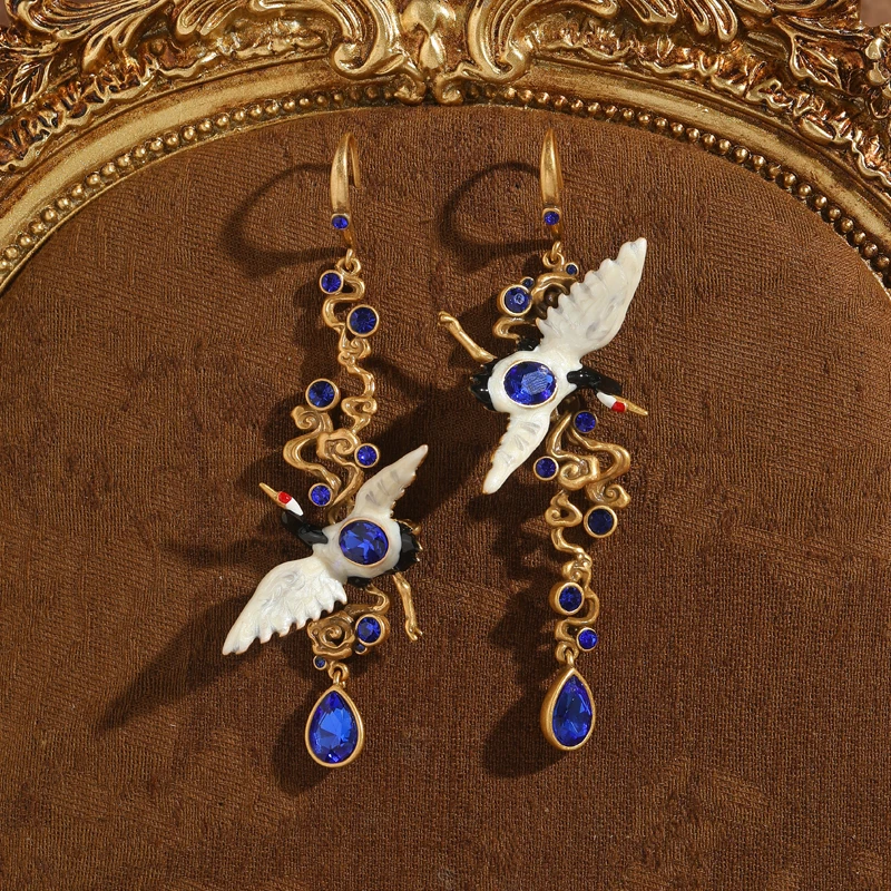 

Vintage Enamel Crane Blue Water Drop Crystal Earrings Long Jewelry Gold Color Accessories For Women Trends 2025 Chinese Style