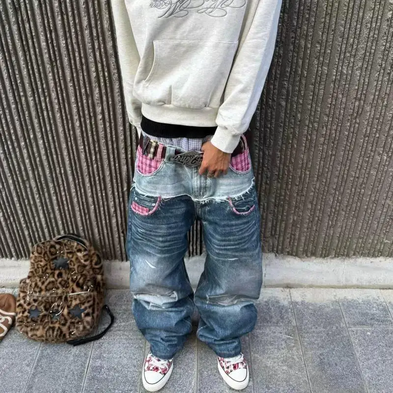 Men's Splicing Printed Blue Jeans Denim Pants Wide Legs Sweatpants Boys Casual Bottom Male High Waist Unisex Retro Trousers