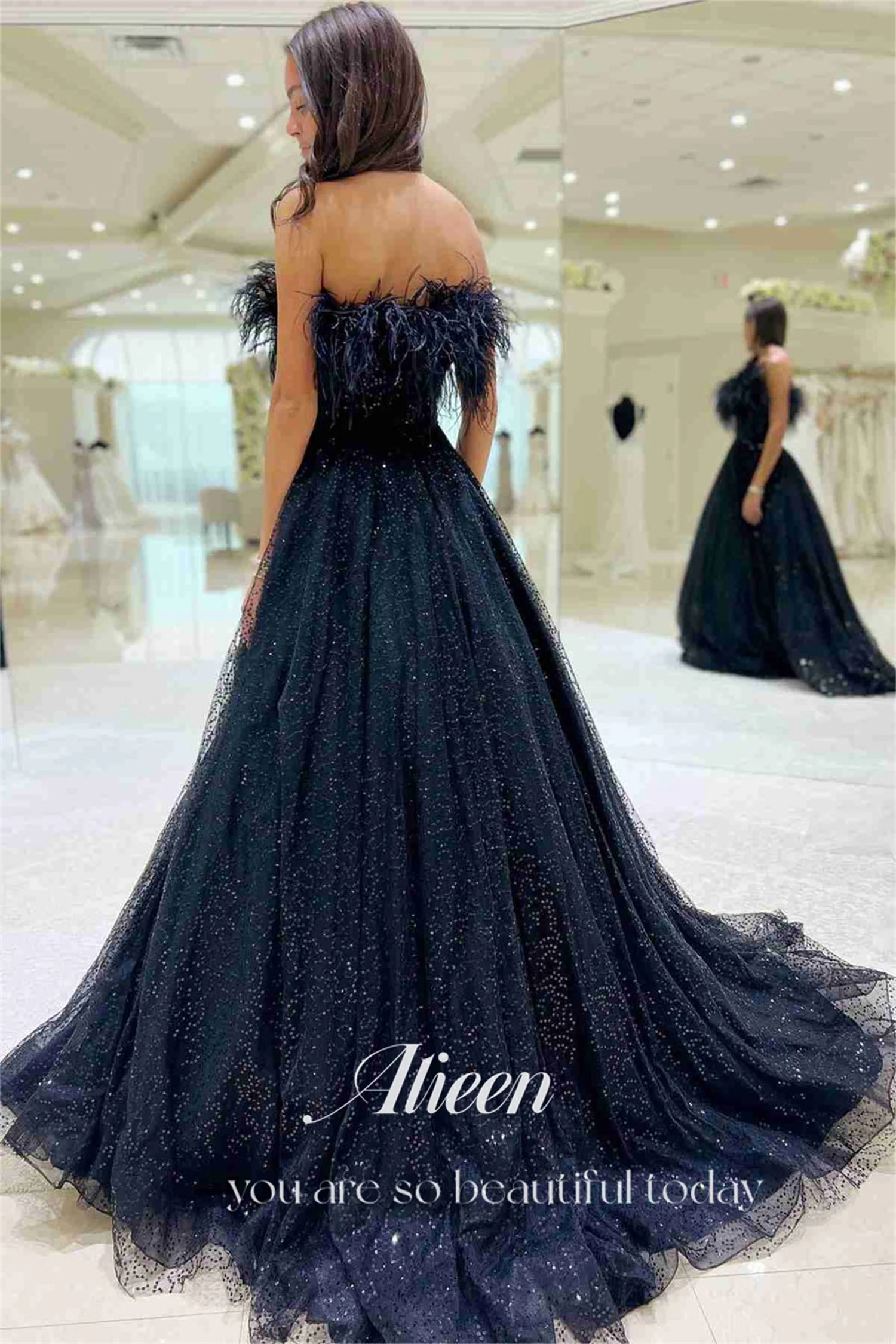 Aileen Navy Shiny A-Line Feather Luxury Elegant Evening Dresses for Women 2023 Dress Luxurious Women\'s Party Long Gala Saudi New