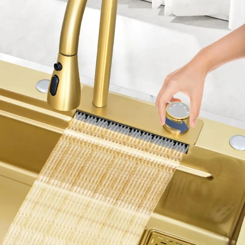 Золотая кухонная мойка с одной чашей из нержавеющей стали, вставная конструкция для элегантности и долговечности