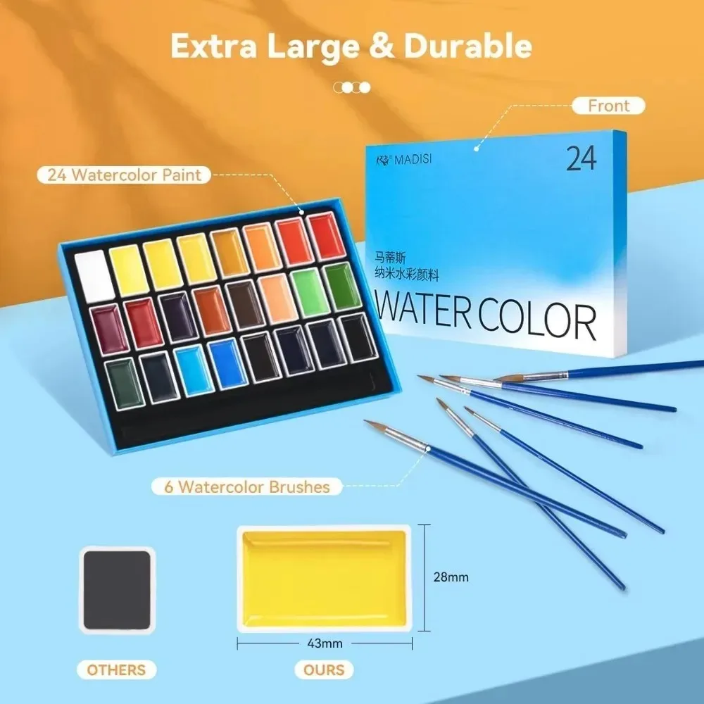 LIGHTWISH aquarelverfset volledige pan 24 kleuren effen aquarel met 6 penseelpennen voor beginners, studenten en kunstenaars