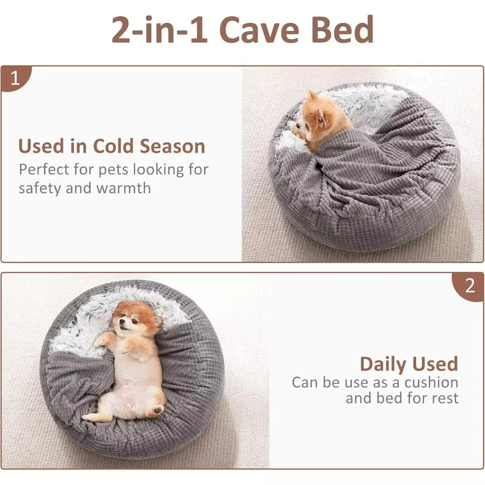 FurStarSmall Dog Bed Cat Bed With Blanket Attached, Round Hooded Cozy Dog Cave Beds For Small Dogs, Soft Plush Cuddler Puppy Pet