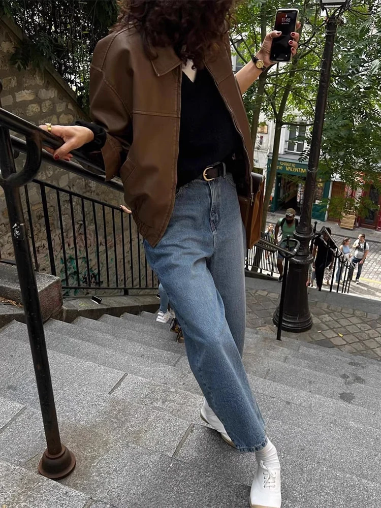 Chic Vintage Moto Jaet Cappotto lungo in pelle con colletto con cerniera ampia da donna Sli Autunno Nuovo arrivo BF Sle