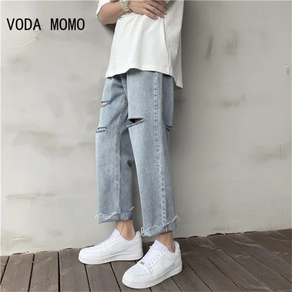 

Прямые джинсы Мужские рваные свободные джинсовые брюки Нейтральные джинсы Уличная одежда Повседневные летние широкие джинсы Мужские женские брюки Хип-хоп Bagy