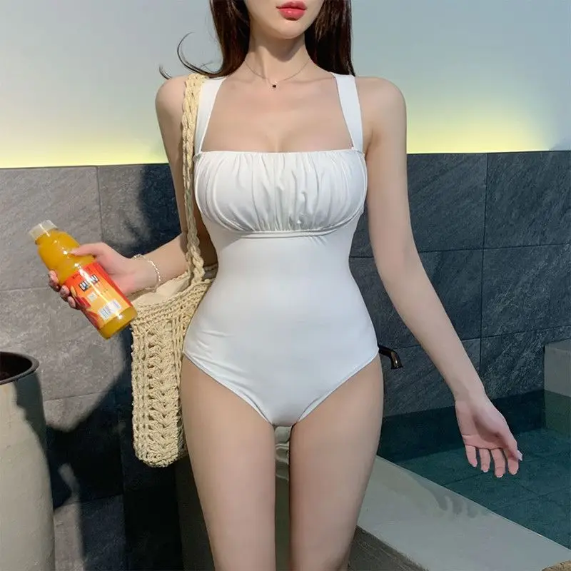 Women One Piece Sexy Swimsuit Pure Color White Summer Ladies Bathing Suit Padded Wide Strap Corss Back Monokini 2023 New Arrival