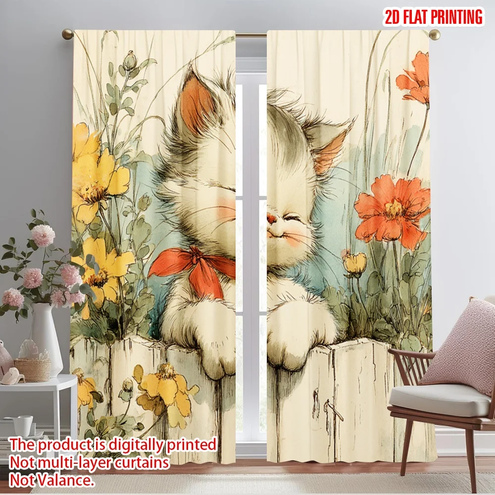 

2pcs 2D flat printing Drapes Cute Kitten Fence Flowers Polyester Without Electricity All Season Party & Holiday Decor Use for
