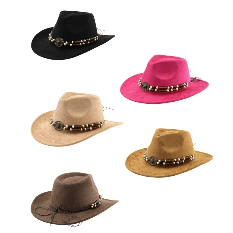 Eye Catching Western Hat Roleplay Costume Hat Theme Party Props Hat Beaded Band Ethnic Top Fedoras Hat for Evening Party