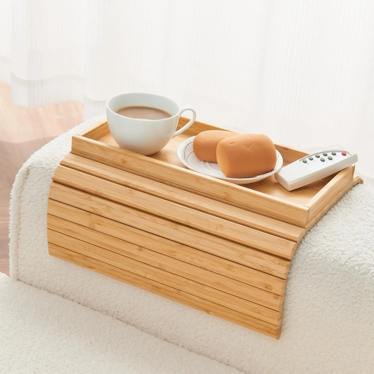 Bamboo Sofa Armrest Tray Folding Fruit Snacks Dinner Plate Solid Wood Living Room Home Storage Tray