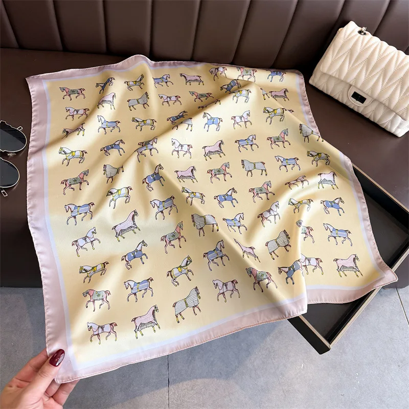 Luxury Horse Print Female Satin Neck Scarf Square Hair Scarves Foulard Head Band Shawls Wraps Neckerchief Bandana Women view 5