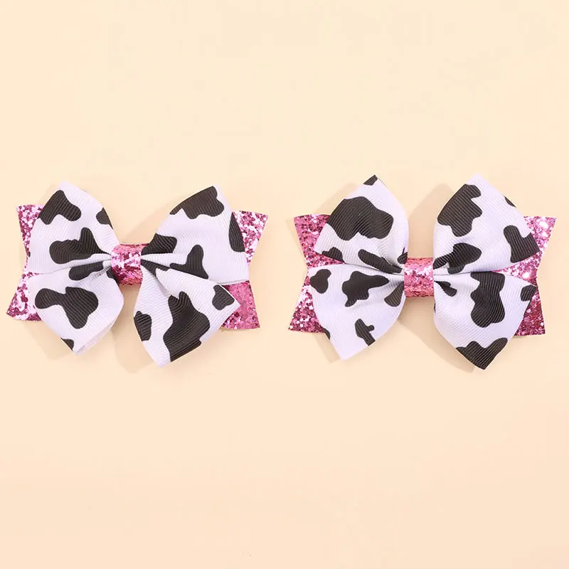 2pcs Fashion Ribbon Cow Printing Hairpins Girls Glitter Hair Bow Clips Sweet Hairgrip Barrette Kids Headwear Hair Accessories