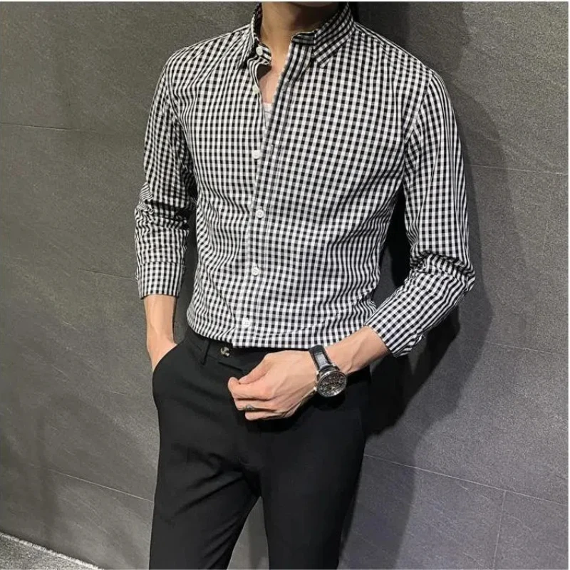 Checkered Long Sleeve Turn-down Collar Button Cardigan Men\'s Clothing Shirt Fashionable Retro Spring Autumn Boyfriend Tops