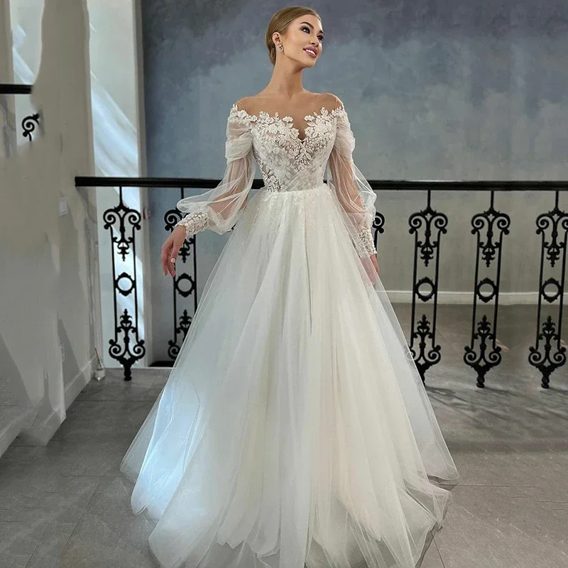 

Customized Luxury White Shoulder Long Sleeved Chiffon With Applique Lace A-line Floor Length Skirt Wedding Dress