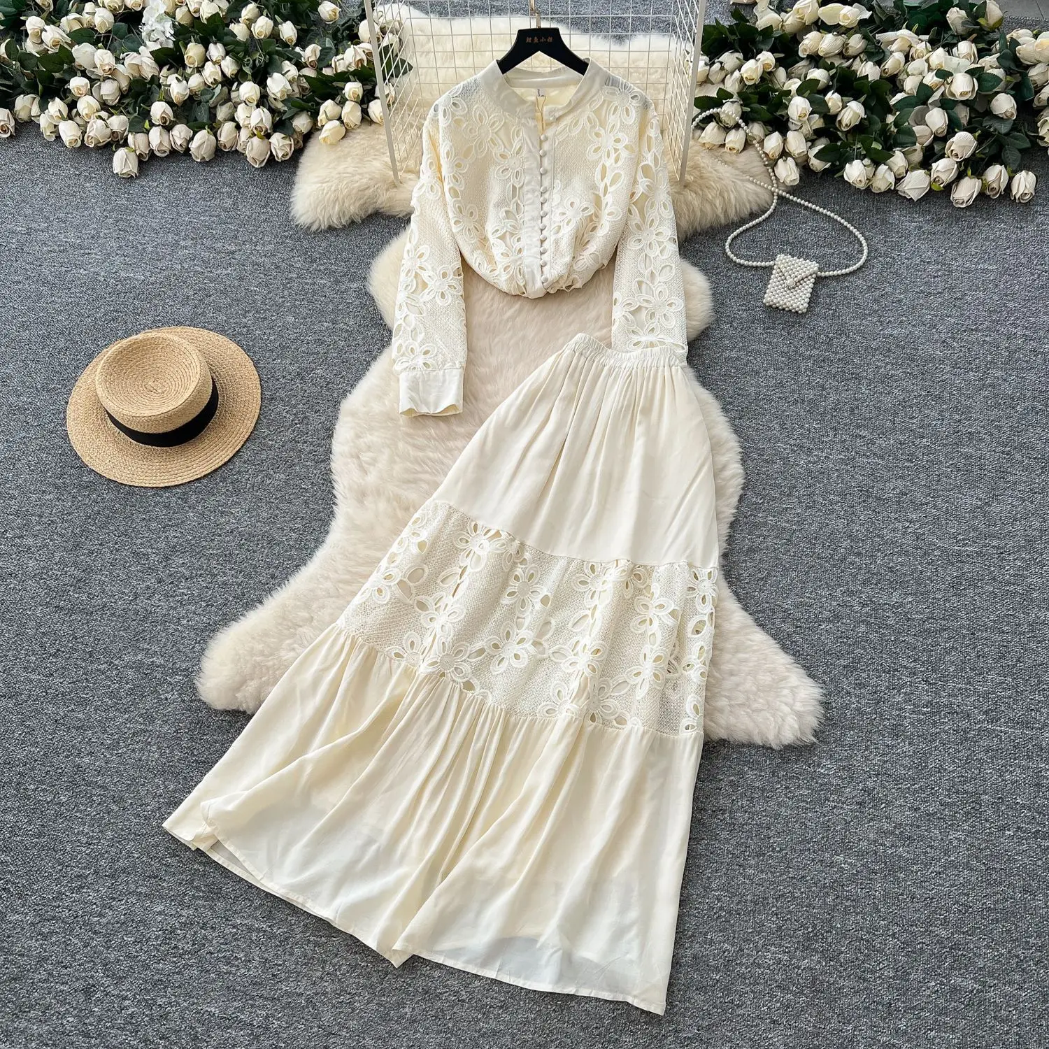 

Two Pieces Skirt Sets Lace Hollow Shirts Tops Ankle Length Skirts Long Sleeve Button Tops Dress Sets Casual Suits Autumn 2025